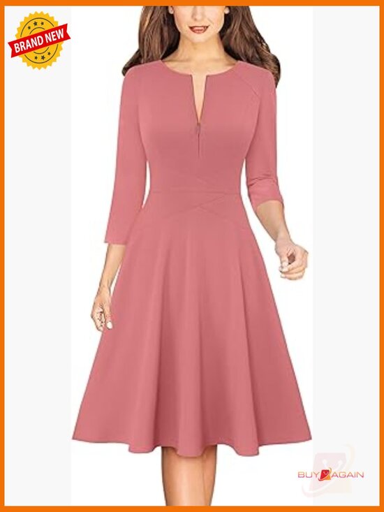 Other - Front Zipper A-Line Dress 3/4 Sleeve Work Office Swing Knee Length